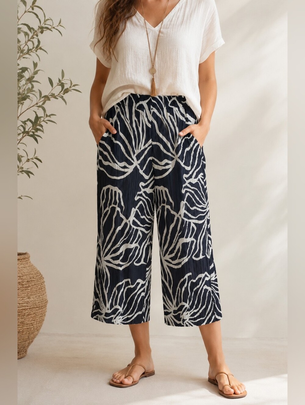 Wide Leg Pants Cropped Resort Style Large
